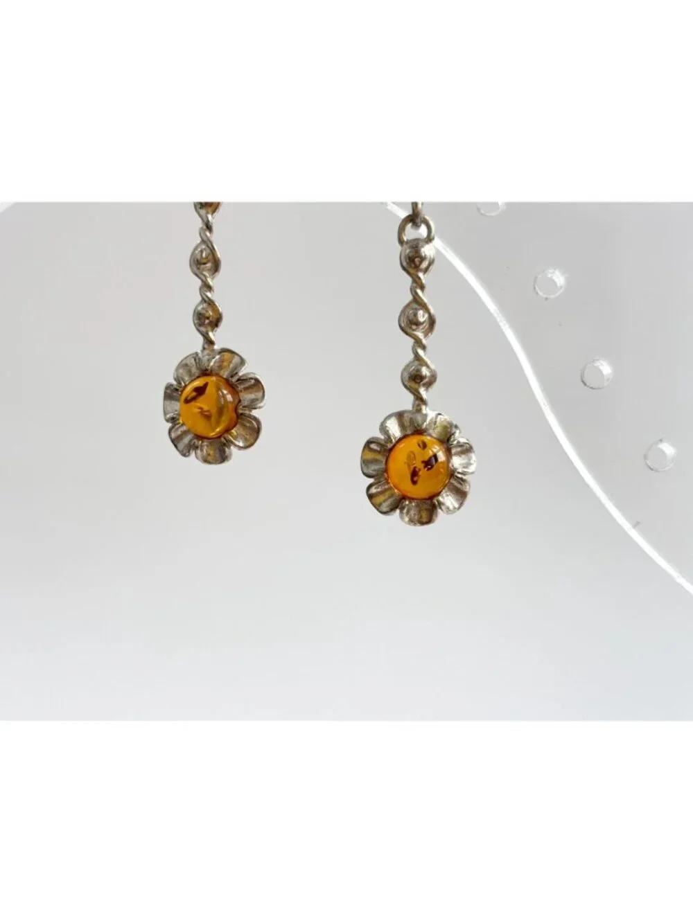 Baltic Amber Sunflower Shaped Spiral Vintage Sterling Silver 925 Dangle Earrings